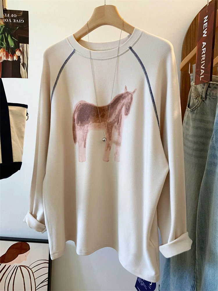 

Американская модная футболка с цветным мультяшным принтом и длинными рукавами, весенне-осенняя, модная, свободного кроя, с круглым вырезом