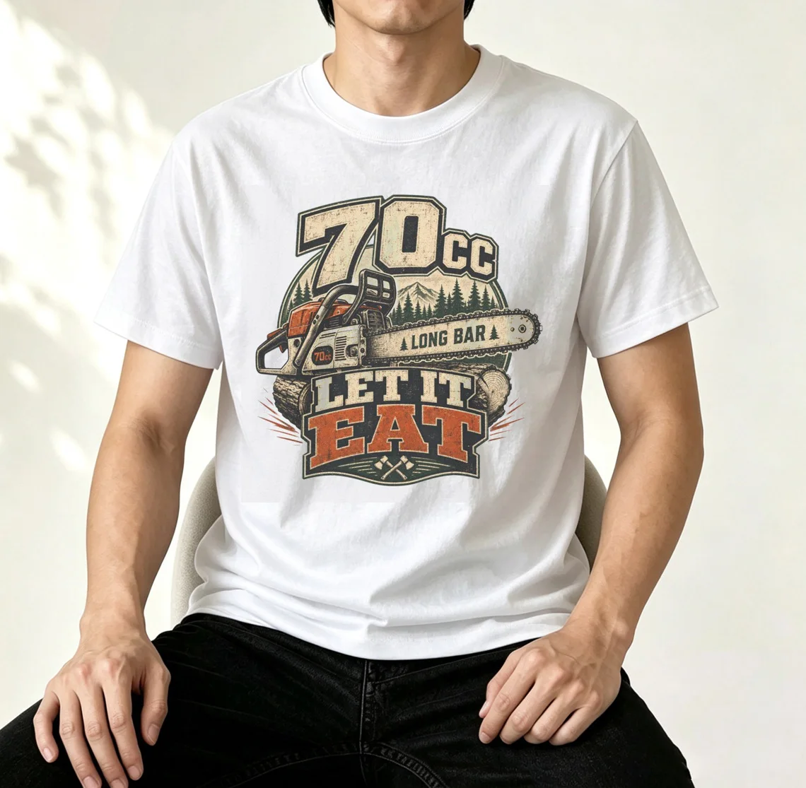 70CC Let It Eat Chainsaw Graphic T-Shirt Vintage Logger Lumberjack Forest Tee Unisex Casual Short Sleeve for Woodworker Arborist
