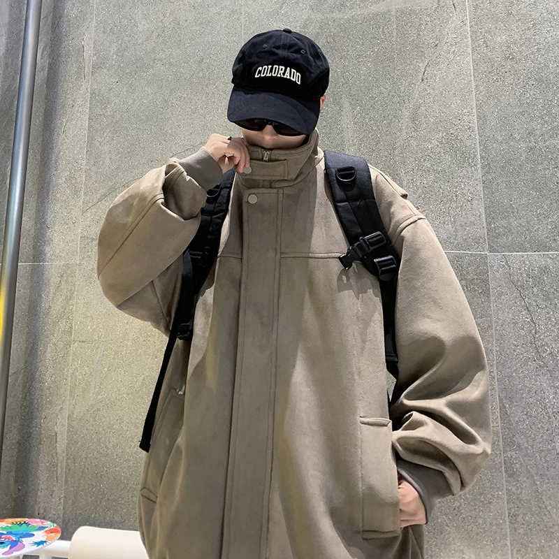 

Мужская демисезонная куртка оверсайз из замши в американском стиле, свободного кроя, с воротником на молнии, для повседневной носки