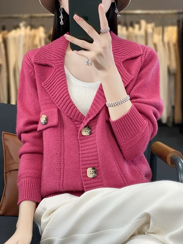 100% cashmere cardigan women\'s suit collar solid color all-in-one top loose slimming short wool knit sweater coat