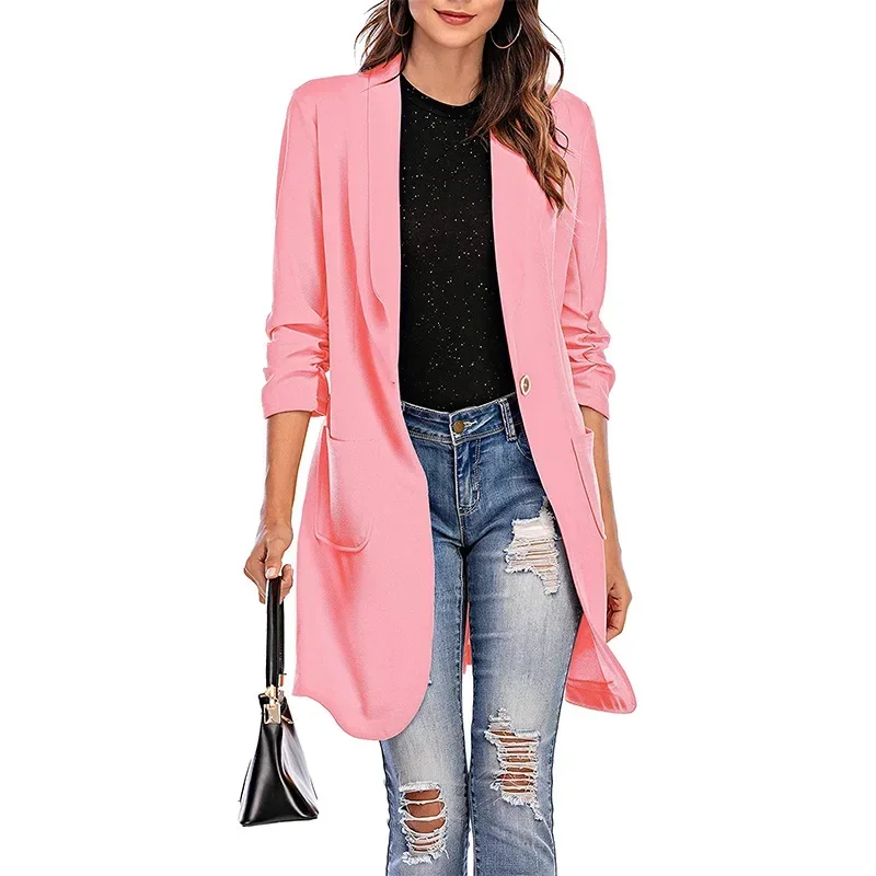 Blazer de botão único para mulheres, cardigã monocromático, manga comprida, bolsos e lapela, ajuste regular, elástico para senhora do escritório, outono