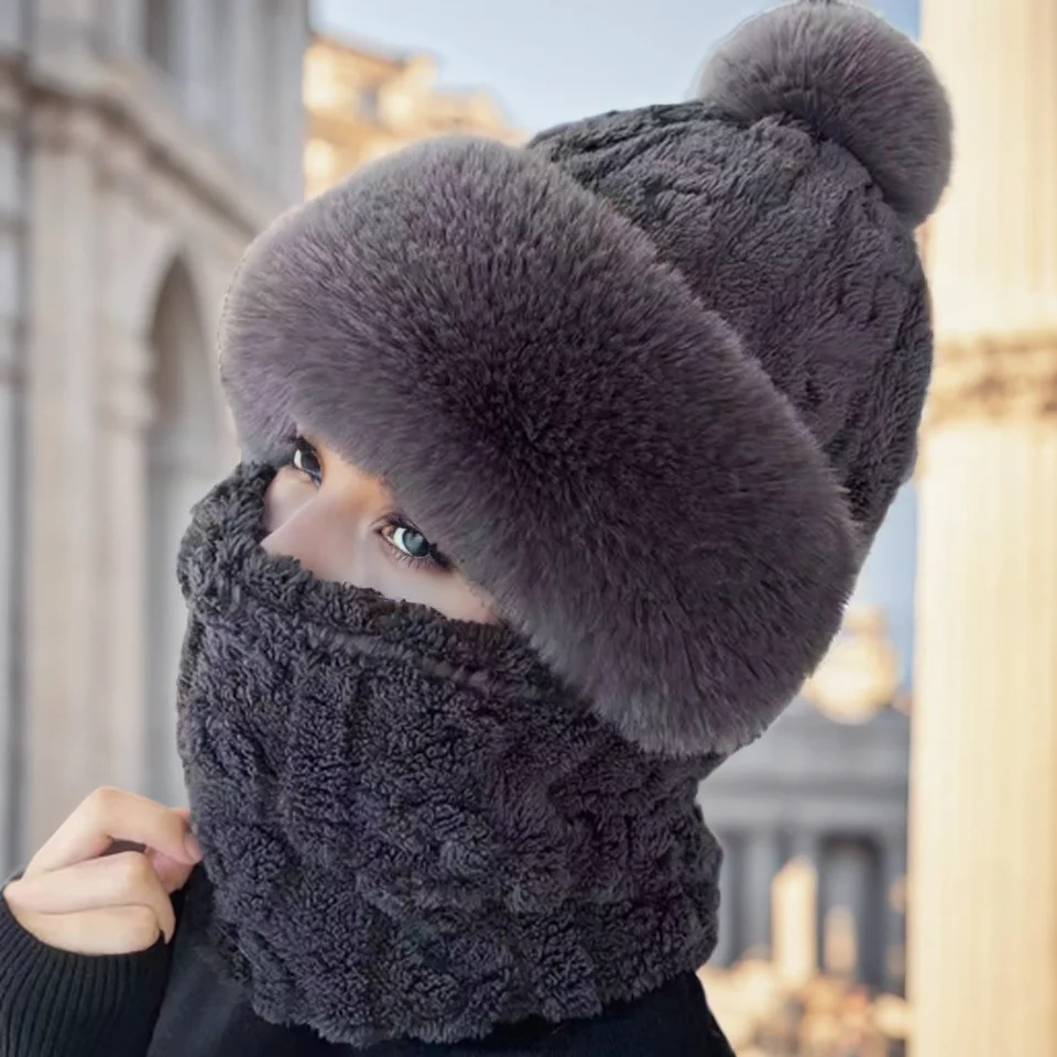 NOFOXO Winter Windproof Cold Weather Soft Thickened Warm Hat Face Mask BalaclavaPlush Hat Outdoor Velvet Earmuffs Scarf Women