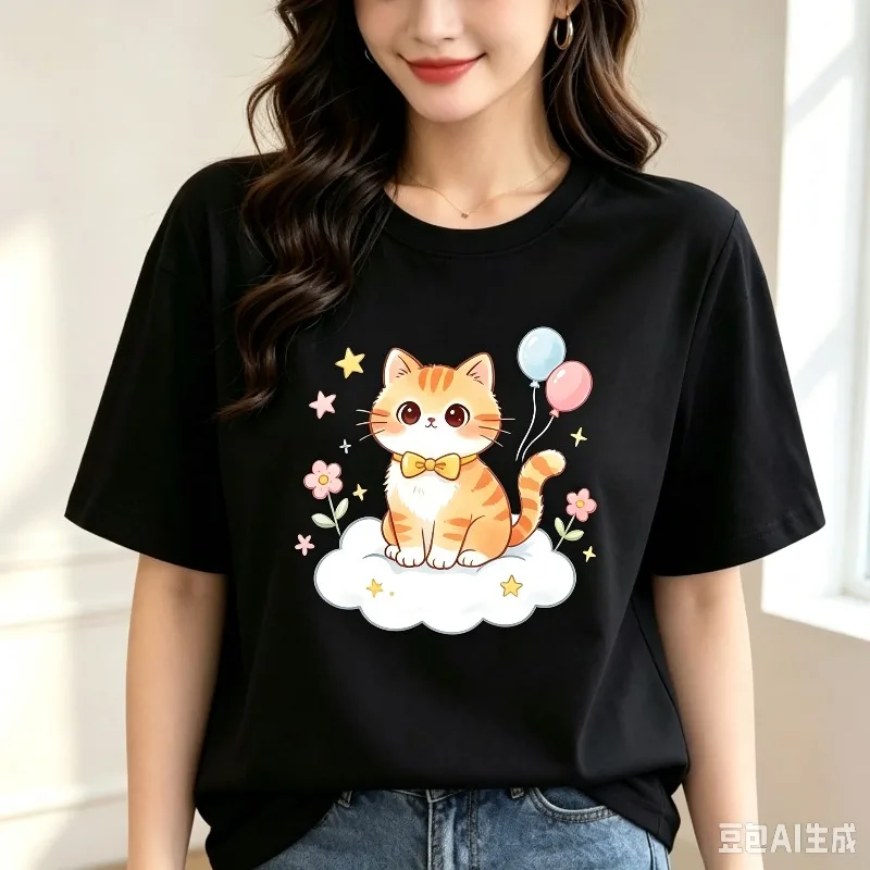 Cute Orange Cat Cloud Balloon Flower Women T Shirt Modal Fabric Casual Short Sleeve Tee Tops Gift for Her