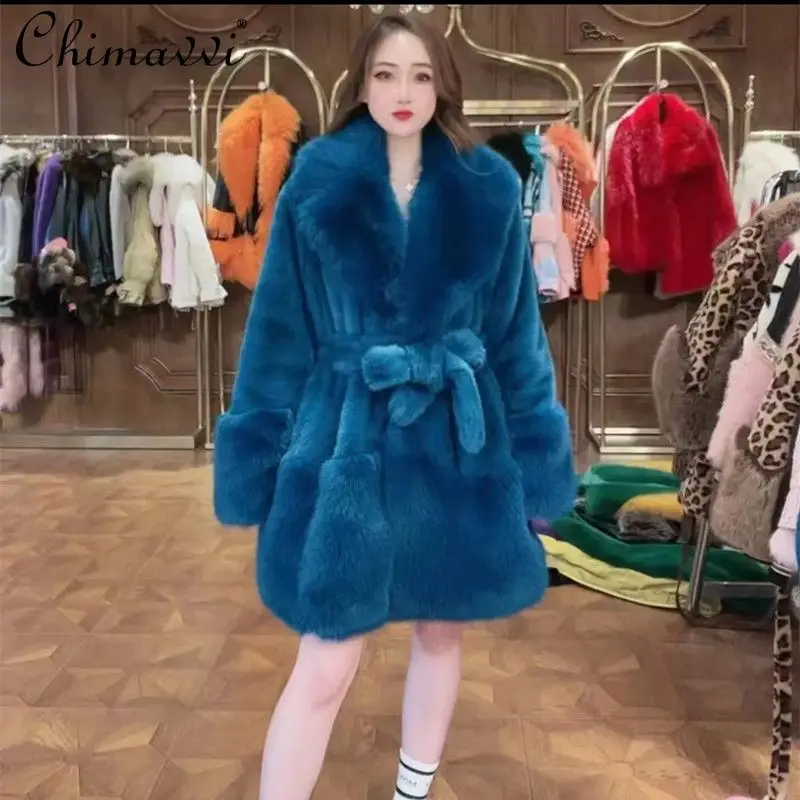 Fashion Heavy Big Fur Collar Lace-up Waist Mid-Length Faux Fur Coat 2022 New Winter High-End Elegant Sweet Slim Warm Jacket