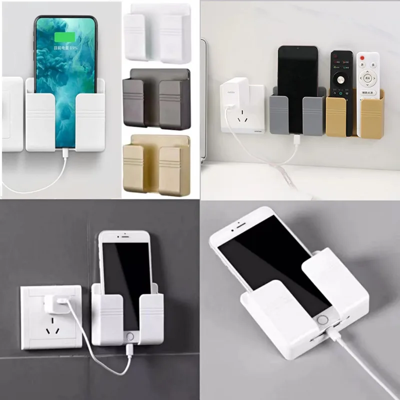 Wall Mobile Phone Holder Plug Phone Charging Stand Remote Control Storage Box Bracket Punch-Free Mounted Organizer Holders