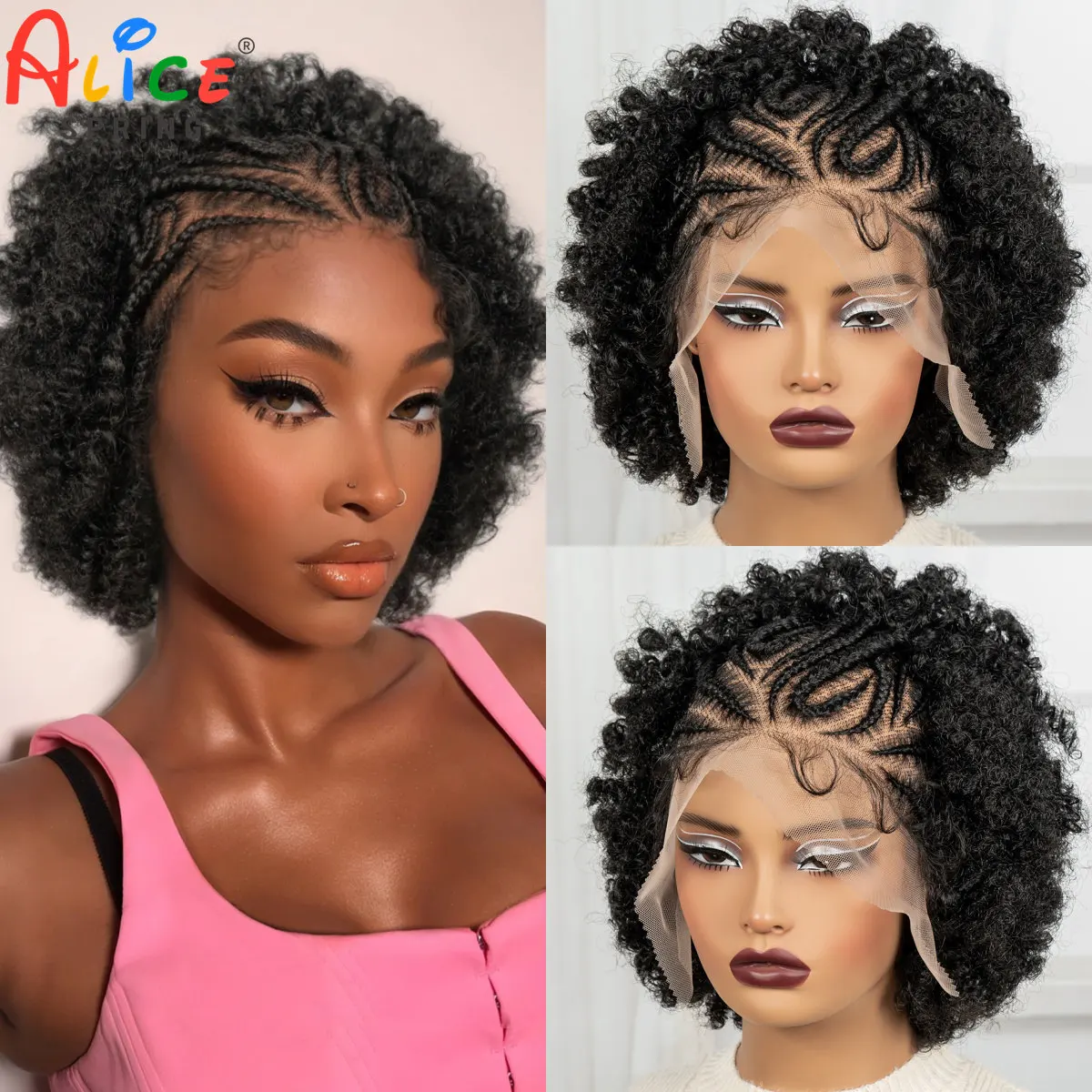 Short Afro Kinky Curly Cornrow Braided Wigs Synthetic Full Lace Braids Bob Wigs Lace Frontal Braided Lace Wigs for Black Women