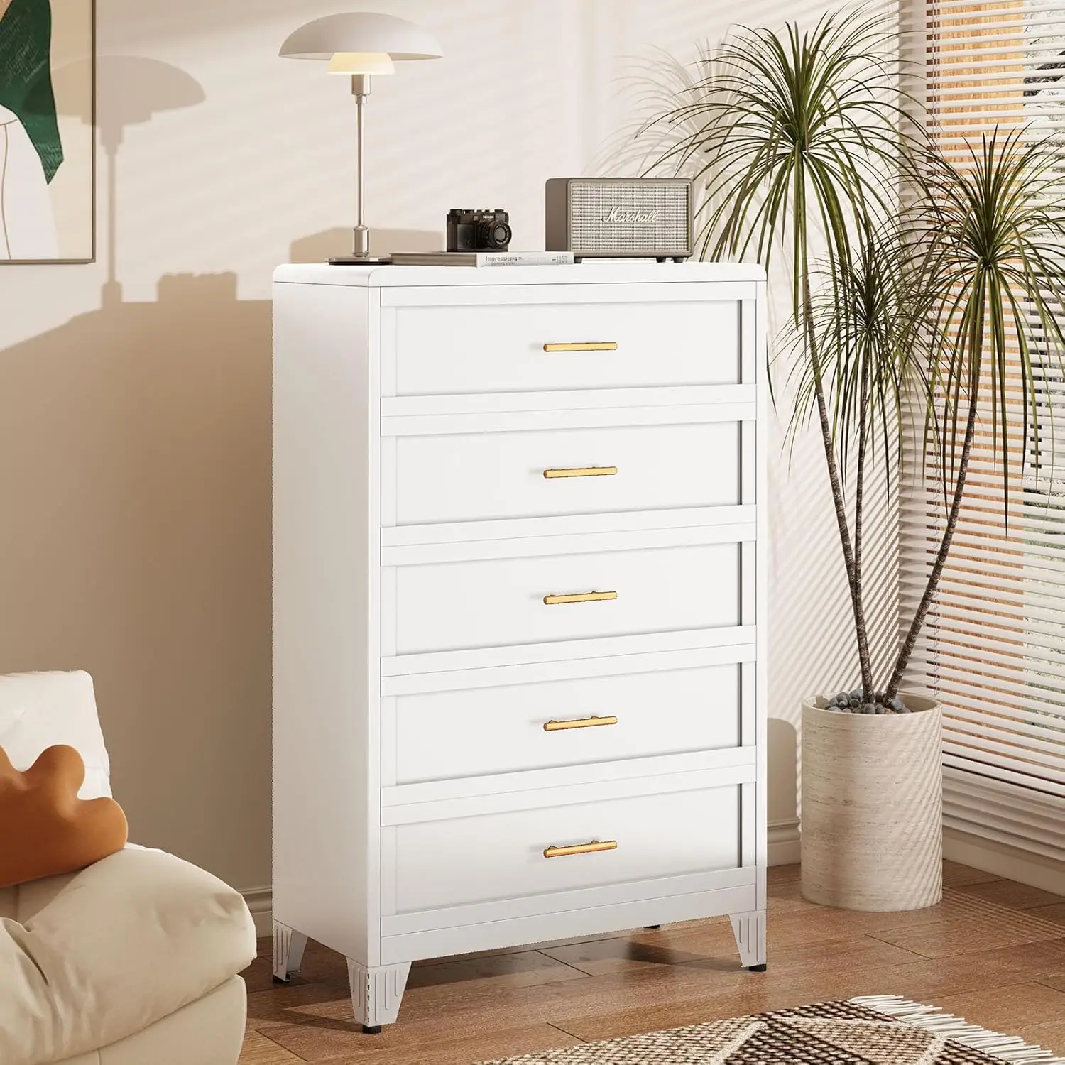 White Metal 5 Drawer Tall Dresser for Bedroom, Living Room, Hallway, Entryway - Curved Corner Design, Large Capacity