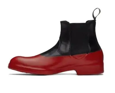 New Men Black Red Patchwork Slip On Chelsea Short Boots Male Genuine Leather Round Toe High Top Retro Flat Ankle Boots Shoes