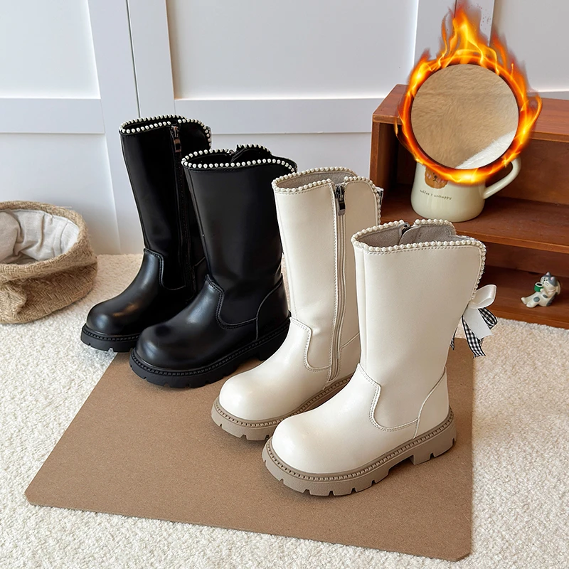 

New Knee Length Boots Children Shoes 2025Autumn Winter Kids Fashion Warm Fur Student Shoes Girls Princess Boots with Beading Bow