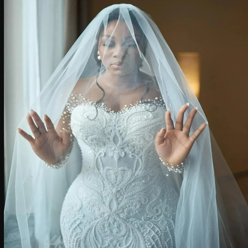 تخصيص محض الرقبة سباركلي الخرز يزين فستان الزفاف Vestido De Casament كم كامل متواضع فساتين الزفاف الأفريقية