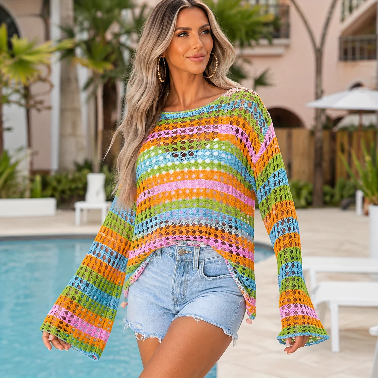 EOENKKY Women Crochet Sweater Colorblock Striped Open Knit Long Sleeve Loose Pullover Summer Streetwear Top
