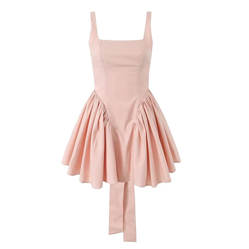 YENKYE Summer Women Sexy Backless Bow Mini Dresses Sleeveless Low Waist Pleated Swing Holiday Party Robe Black White Pink