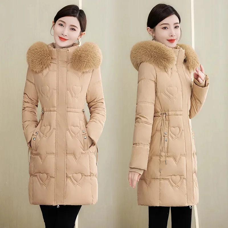 

New Winter Coat Women's Jacket Fur Neckline Long Basic Coats Thick Jackets Cotton Padded Outerwear Parkas Female Clothes