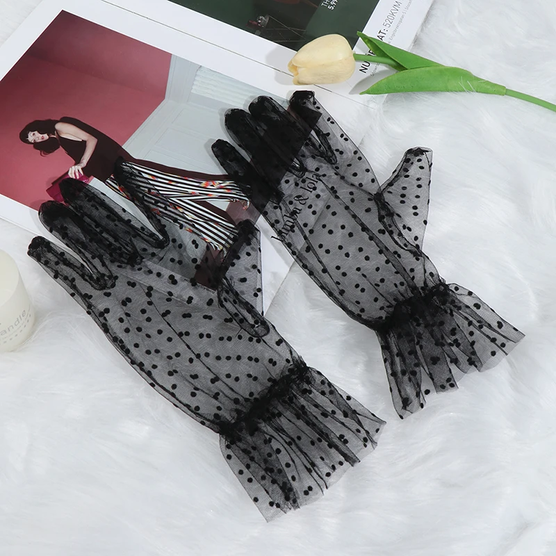 (.) 1Pair Lace Short Gloves Ruffle Trim Layer Tulle Mesh Semi Sheer Black Polka Dot