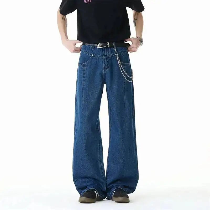 Vintage Washed Dark Blue Men's Straight Leg Jeans Split Design Loose Casual Long Denim Pants Fashion New Trousers N46X