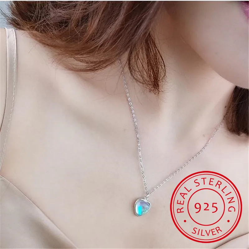 

Модное женское колье-колье из стерлингового серебра 925 пробы, аксессуары, очаровательное ожерелье с лунным камнем и сердцем, женские подвески, ювелирные изделия, бижутерия