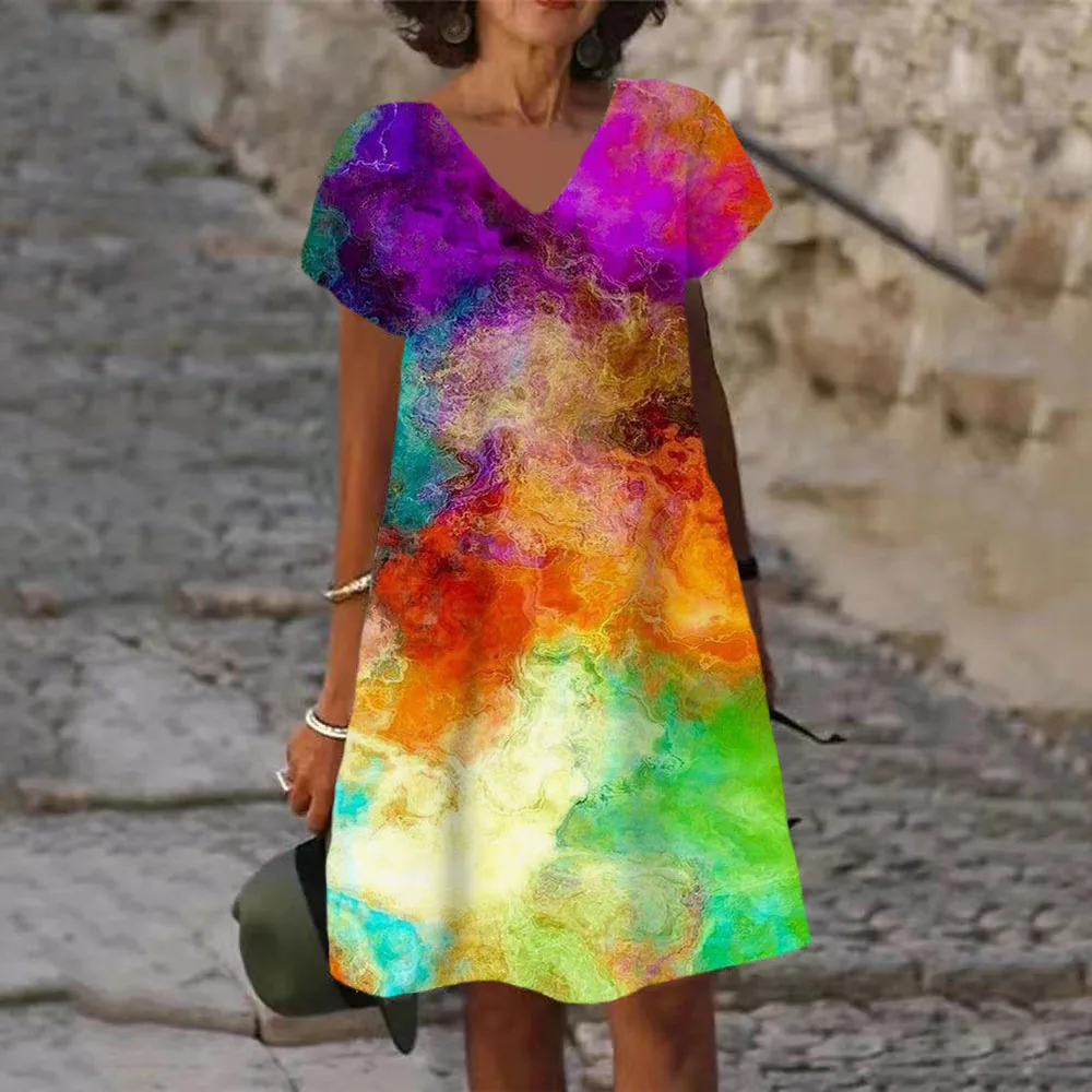 2023 Summer Casual Women streszczenie lakierowany nadruk sukienka trapezowa słodki casualowy krawat barwnik Rainbow Splash-Ink Dress V-Neck luźne