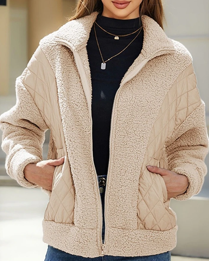 

Elegant Women's Pocket Design Patchwork Long Sleeve Fluffy Teddy Puffer Coat 2025 Autumn Winter Spring New Fashion Casual