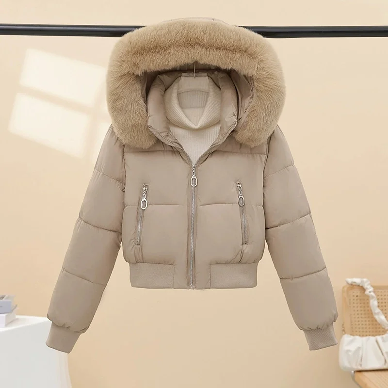 2026 Super-short Cotton-padded Jacket Women's Elastic-waist Winter Coats Fur Collar Hooded Parkas Streetwear Warm Slim Outerwear