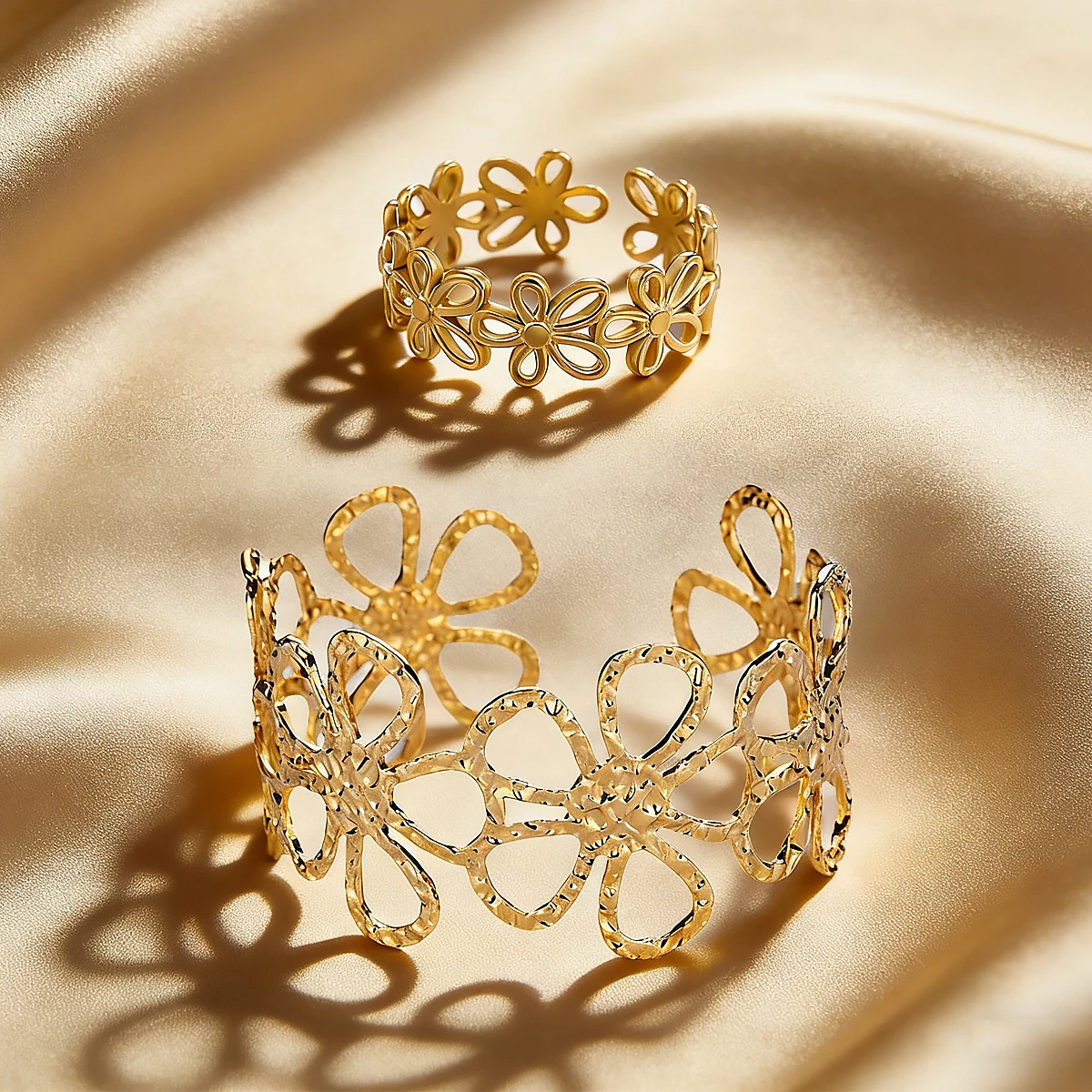 Hollow Flower Jewelry Set for Women Men Gold Plated Stainless Steel Ring Bangle Flora Aesthetic Jewelry Freeshipping Items Bulk