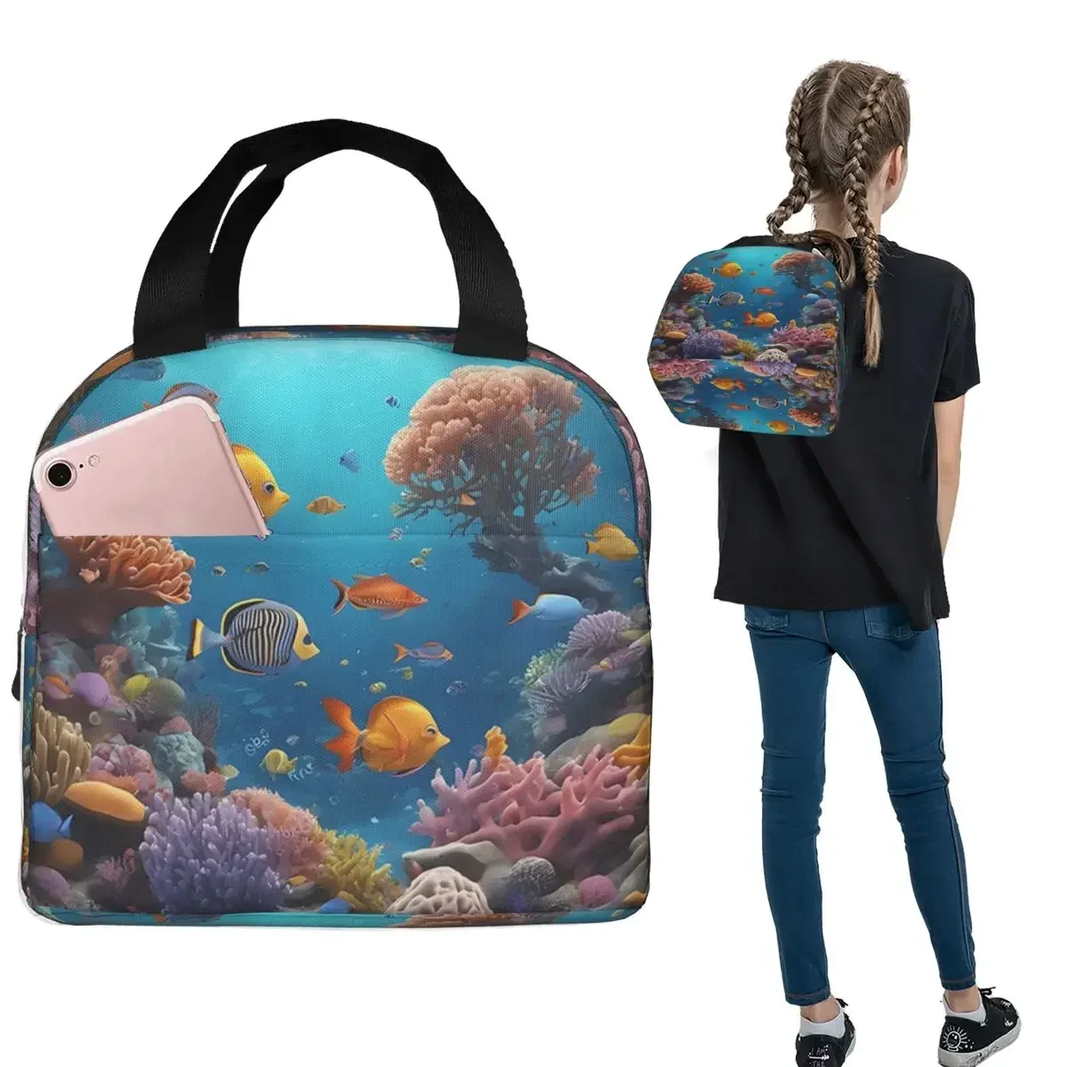 Underwater World With Coral Reef Corals And Tropical Fish Insulated Lunch Bag for Women Children Food Boxes Thermal Lunch Box