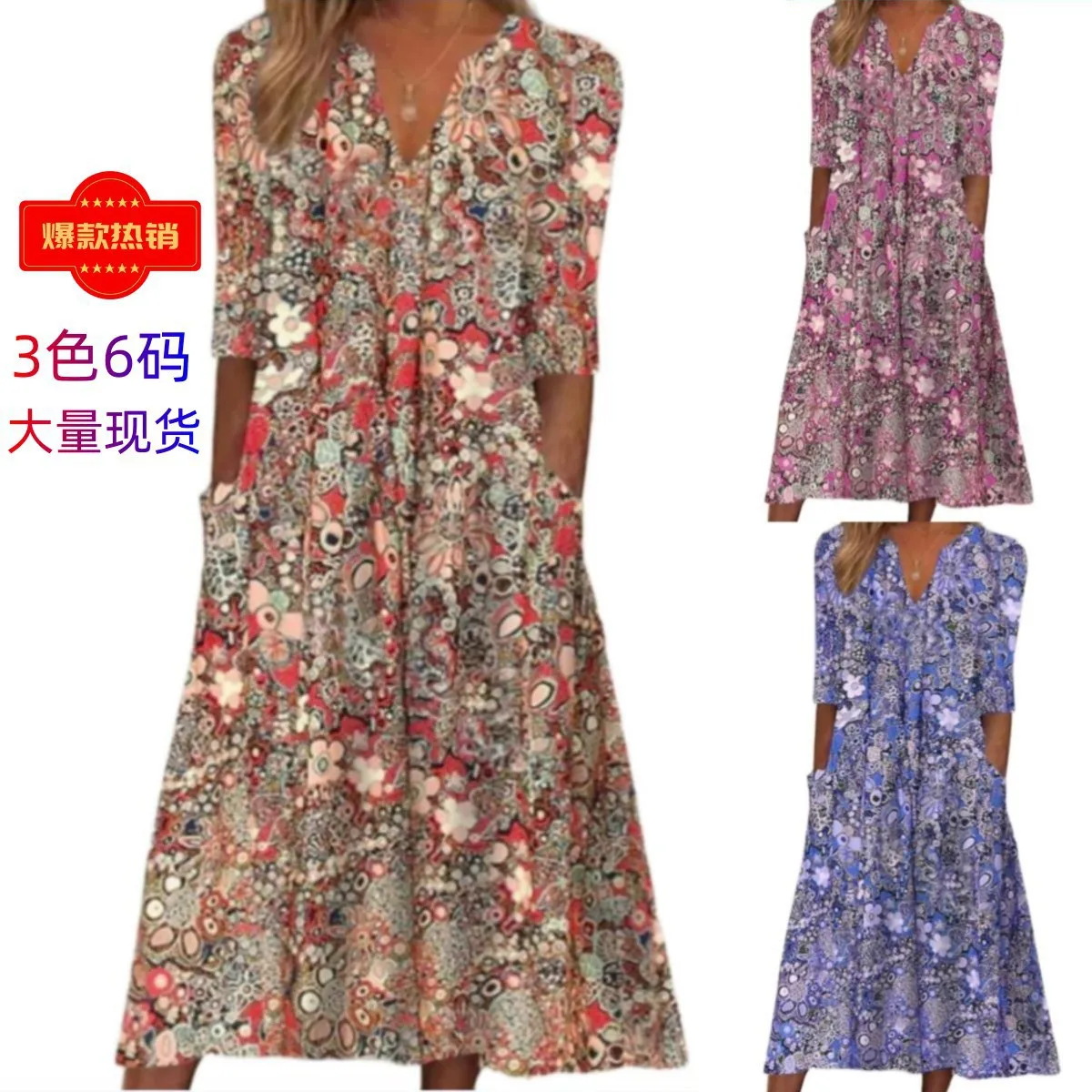 Frauen Herbst Frühling Urlaub Midi Kleid V-Ausschnitt Halbarm Blumen druck Tasche V-Ausschnitt Strand Freizeit kleider Streetwear Vestido