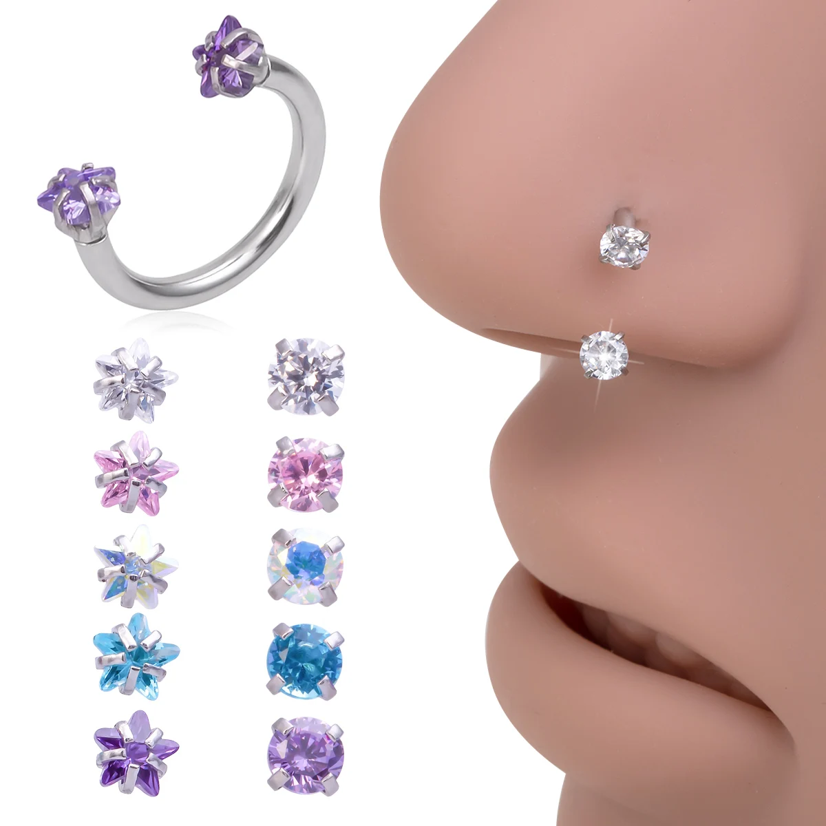 1szt Gwiazda Okrągła Cyrkon Podkowa Piercing Przegroda Pierścionek Nos Chrząstka Tragus Helix Tragus Kolczyk Hoop Brwi Pierścionek wargi 8mm 16G