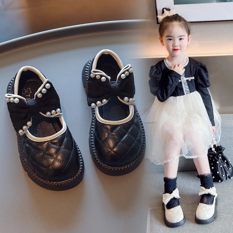 child shoes girl princess shoe bow pearls leather shoe cute girl Mary Jane shoe thick soleanti slip girl shoes zapatos lolita