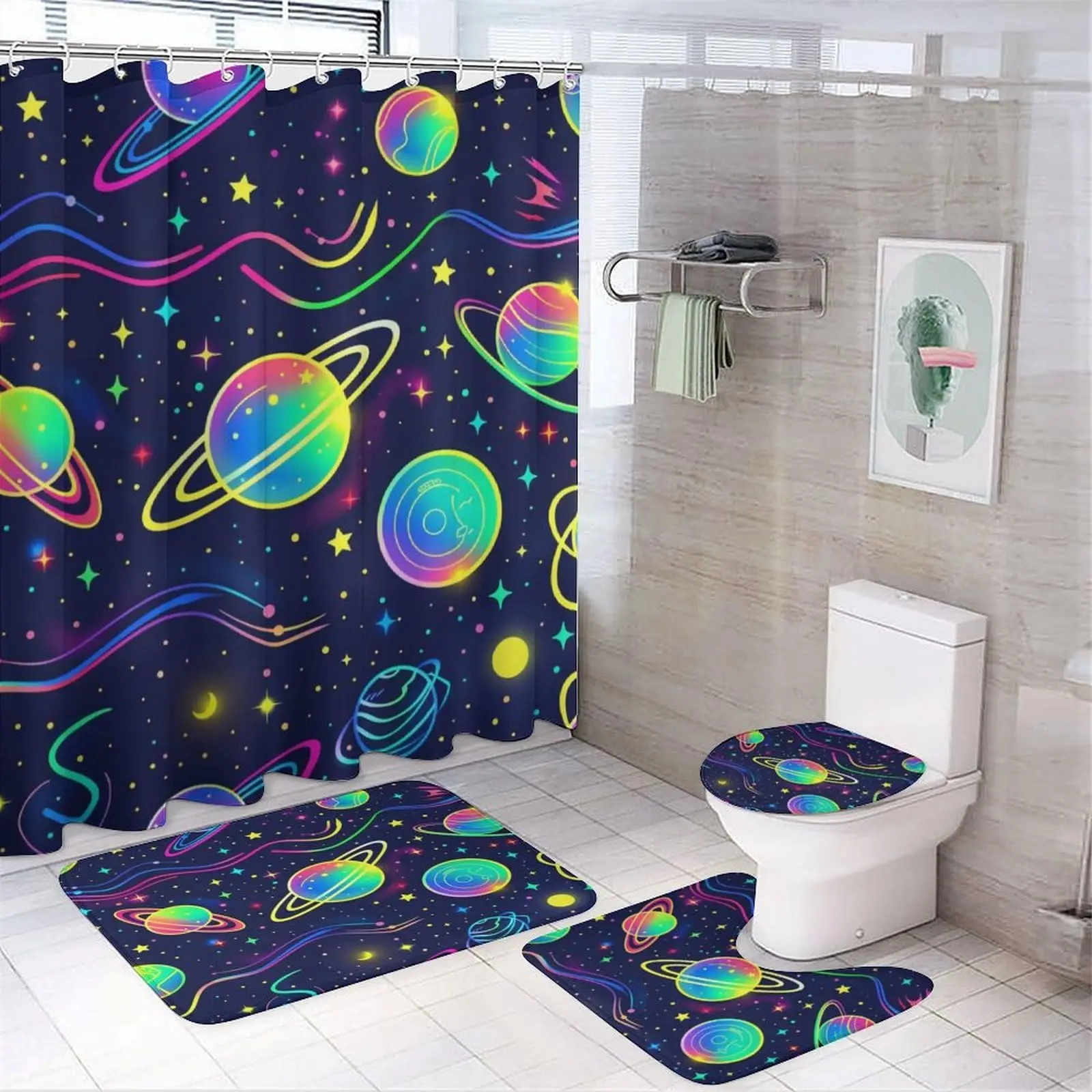 

Fantasy Starry Shower Curtain Set Mysterious Planet In Outer Space 4 Pcs Shower Curtain Bathroom Non-Slip Bath Mat Toilet Cover