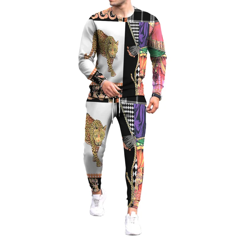 Fashion Animal Leopard Lion 3D Print Men\'s Sportswear Set Long-Sleeved T Shirt Pants 2-Piece Set Oversized Pullover Men Clothing