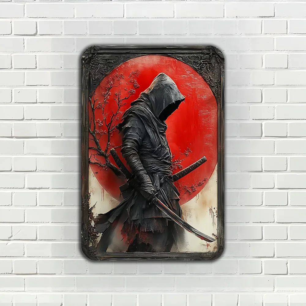 vintage metal japanese ninja samurai wall art plaque sign perfect  cafe man cave bar garden home room clubs garage decor knife