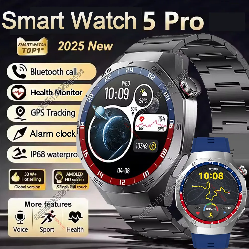 

Уличные Смарт-часы Мужские Часы 5 Pro AMOLED HD Экран Bluetooth Вызовы GPS-трекер NFC Сердечный ритм Водонепроницаемые Смарт-часы 2025 Новинка