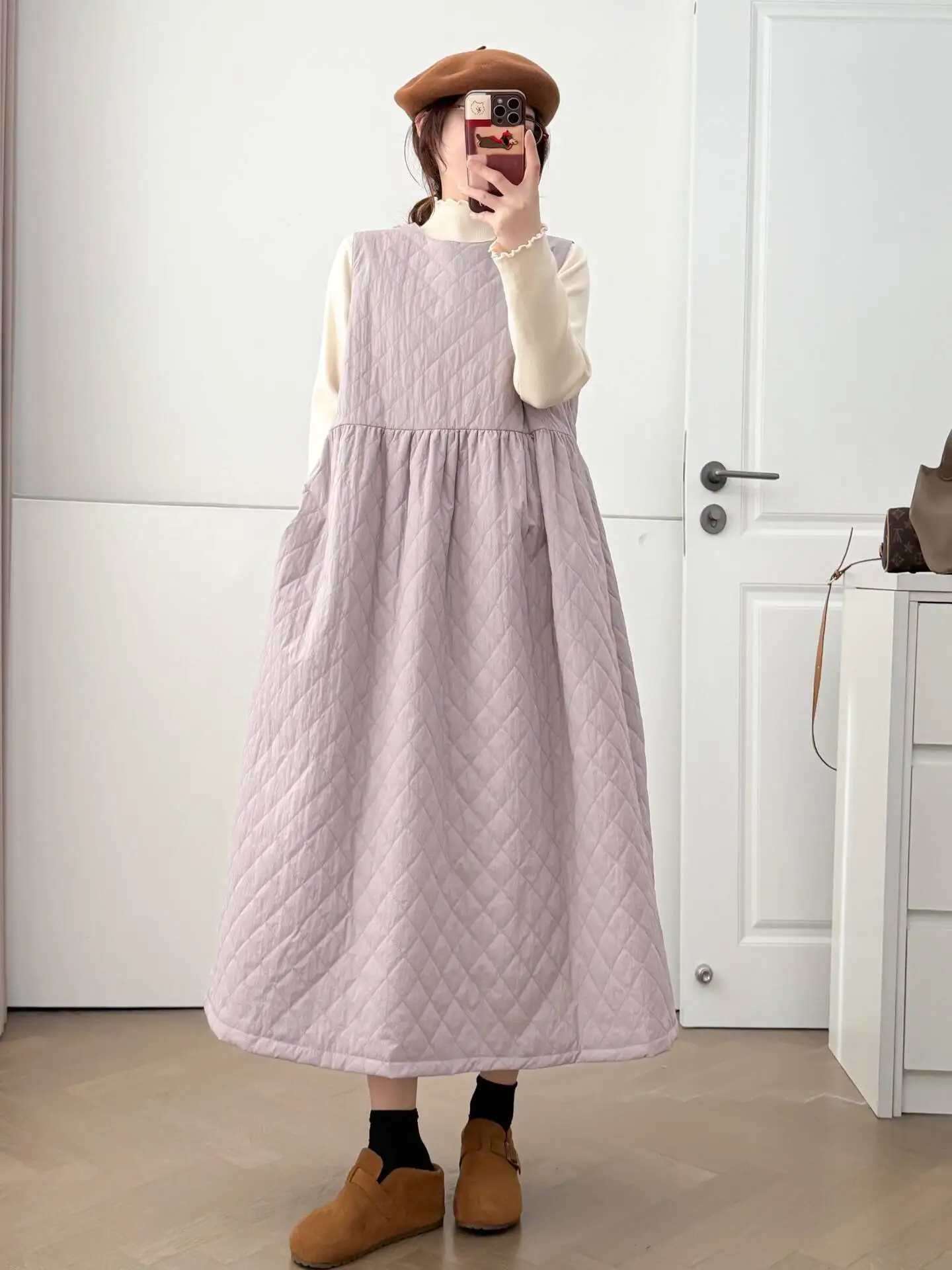 Winter Thickened Diamond Pattern Sewing Cotton Women's Dress Loose Casual Style No-Sleeve H-Model Cotton Dress for Ladies