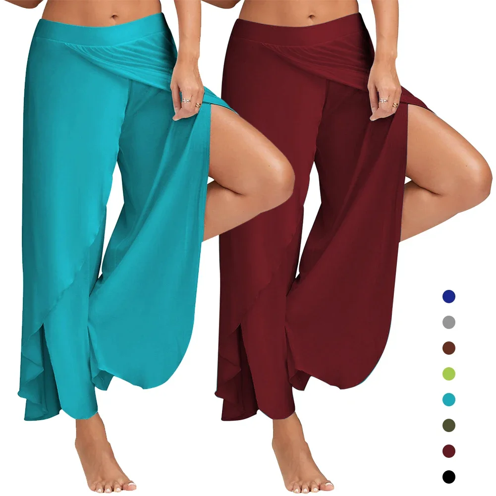 Women Plus Size Wide Leg Pants Loose Fitness Dance Yoga Split Trousers Female Elastic Wasit Casual Workout Solid Summer Clothing