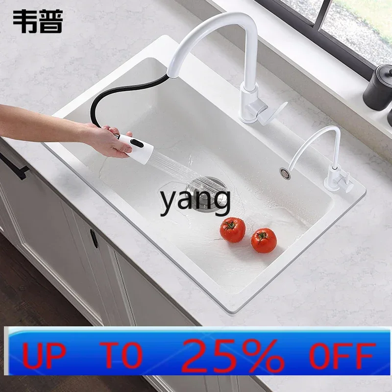 

YJQ Kitchen White Quartz Stone Sink Large Single Sink Vegetable Pot Set Granite Kitchen Counter Up and Down Dishsink