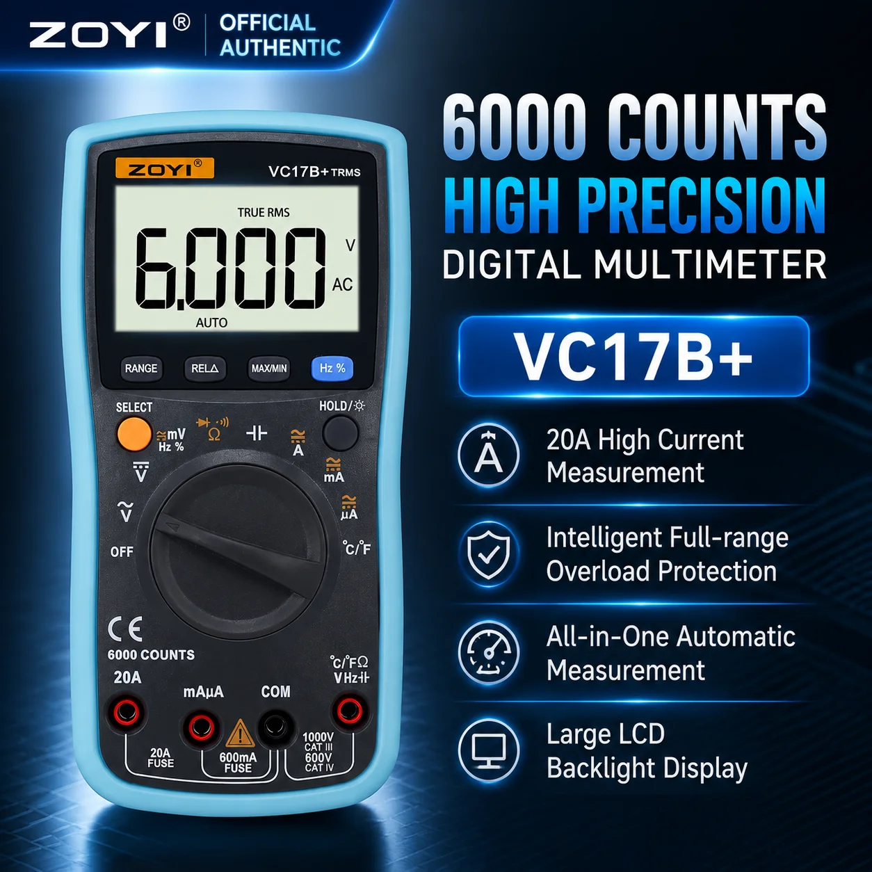 ZOYI 17B True RMS Digital Multimeter Electrician Home Appliance Repair Smart Anti-Burn Auto Range Digital Display