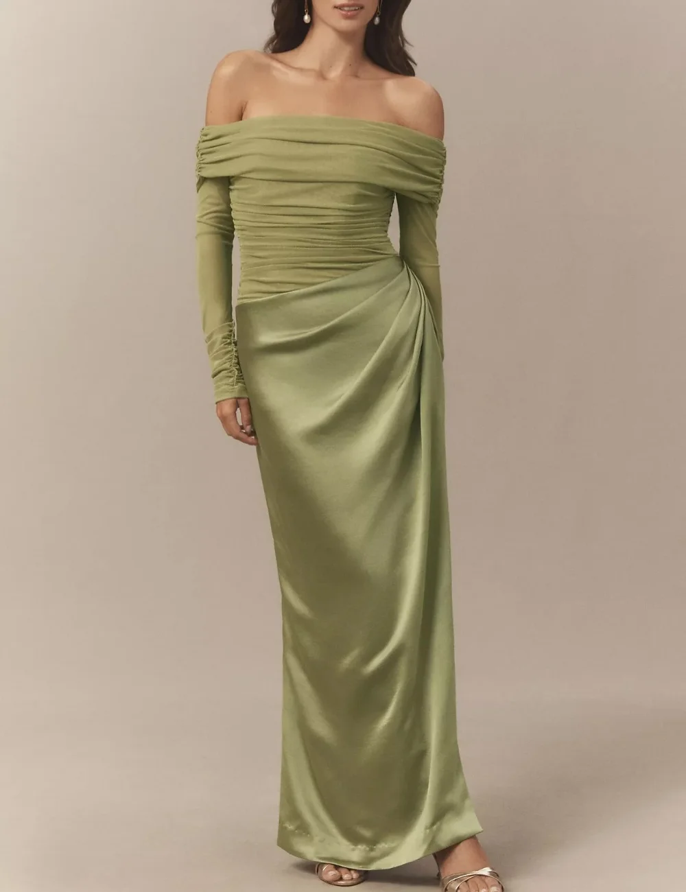 Customized Simple Sizes Available Green Pleat Ruched Mermaid Off-the-shoulder Long Dresses For Wedding Party High Quality