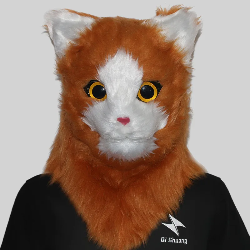Movable Mouth Cat Head Mask Animal Latex Cute Helmet  Artificial Fur for Halloween Costumes Party Props Adult Size