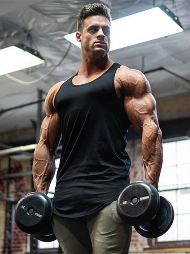 Solid Color Cotton Breathable Summer Clothing Gym Workout Muscle Fitness Bodybuilding T-shirt Mens Running Sporting Tank Tops