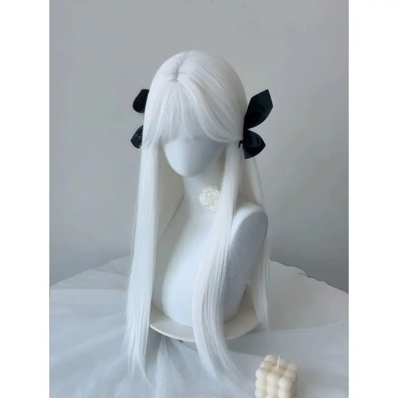 Peluca blanca para mujer, tocado completo Natural, estilo Lolita, pelo largo y liso con flequillo de aire, cara redonda bonita JK de celebridad