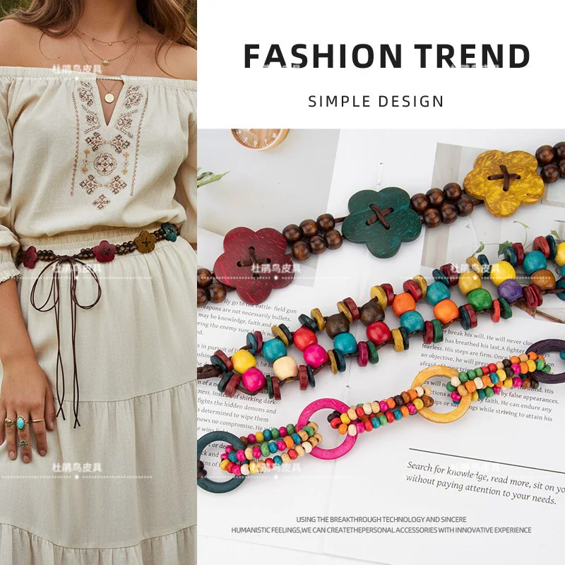 Bohemian Braided WAX CORD Wasitbands for Women Vintage Resin Beading Dress Waist Belts Adjustable Cinturones Para Mujer