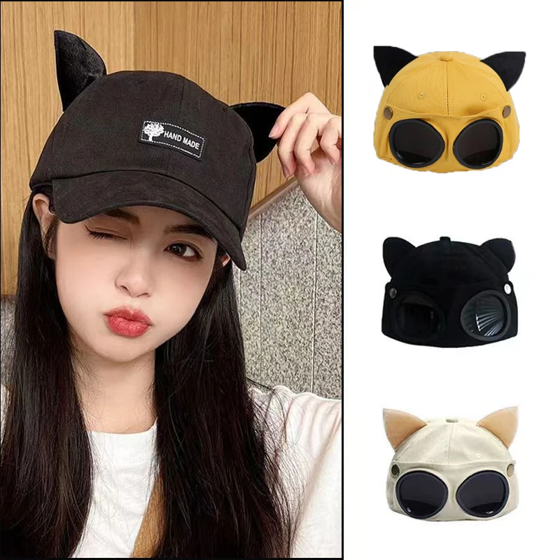 Fashion Baseball Cap Hip Hop Style Pilot hat for Men & Women Adults cute cat Ear Pilot Goggles Cap perfect birthday party gift