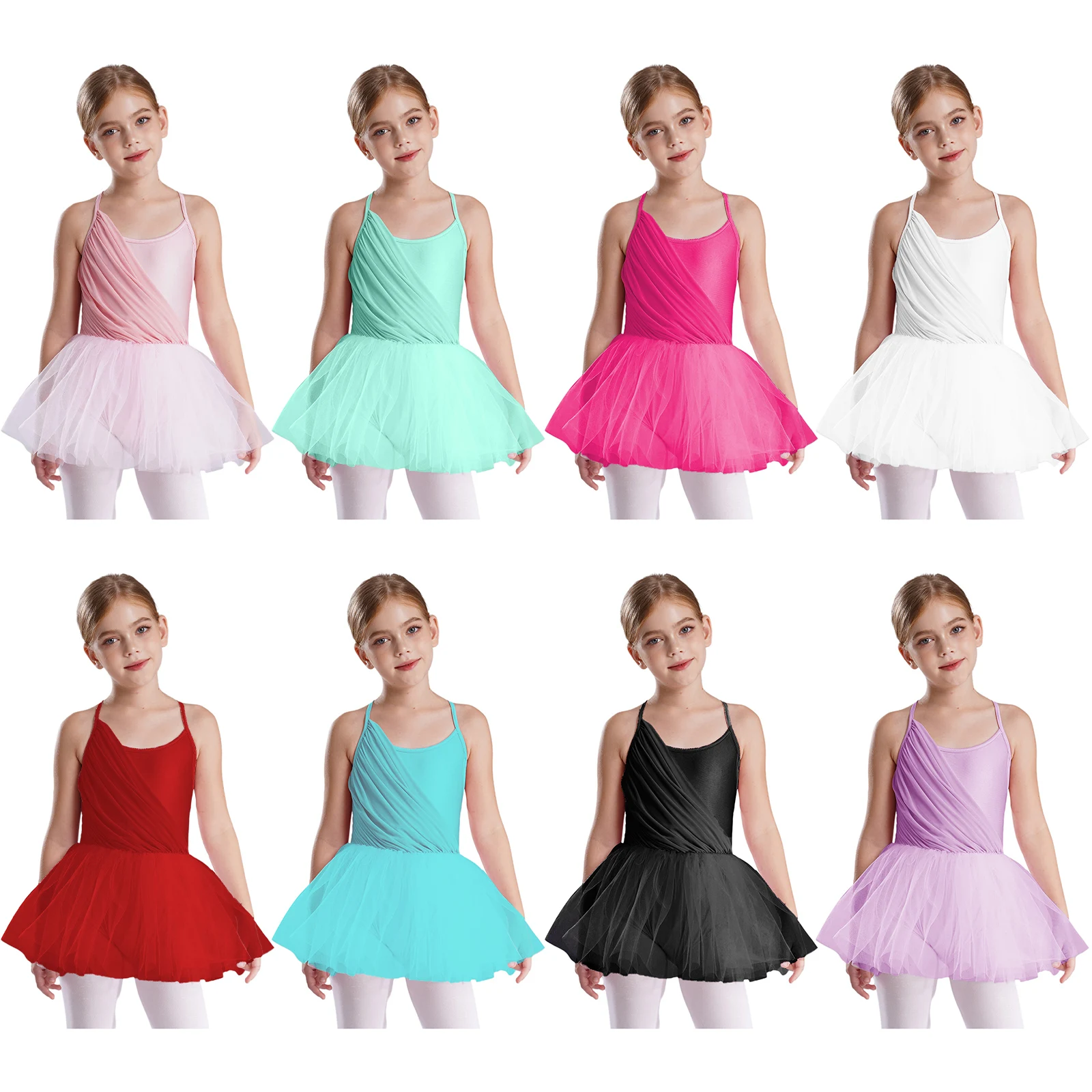 Kids Girls Ballet Dance Camisole Tutu Tulle Dress Sleeveless Ruched Cutout Back Gymnastics Skirted Leotard Ballerina Dancewear