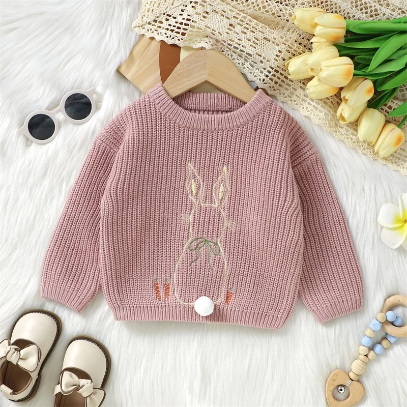 2024-02-29 Lioraitiin Spring Easter Toddler Baby Girl Sweater Bunny Embroidery Pattern Long Sleeve Knitwear Pullover Clothes