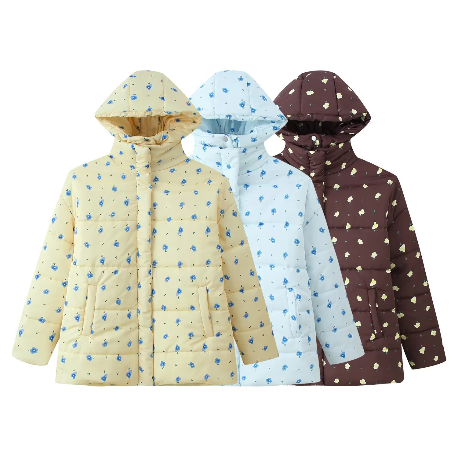 

Winter new women's loose fit zipper style long sleeved stand up collar hooded small floral print cotton jacket