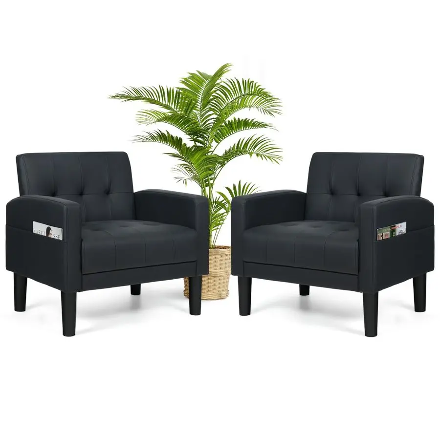 거실용 악센트 의자 2개 세트, 편안한 안락의자, 사이드 포켓이 있는 모던 가죽 싱글 소파 의자, 독서용