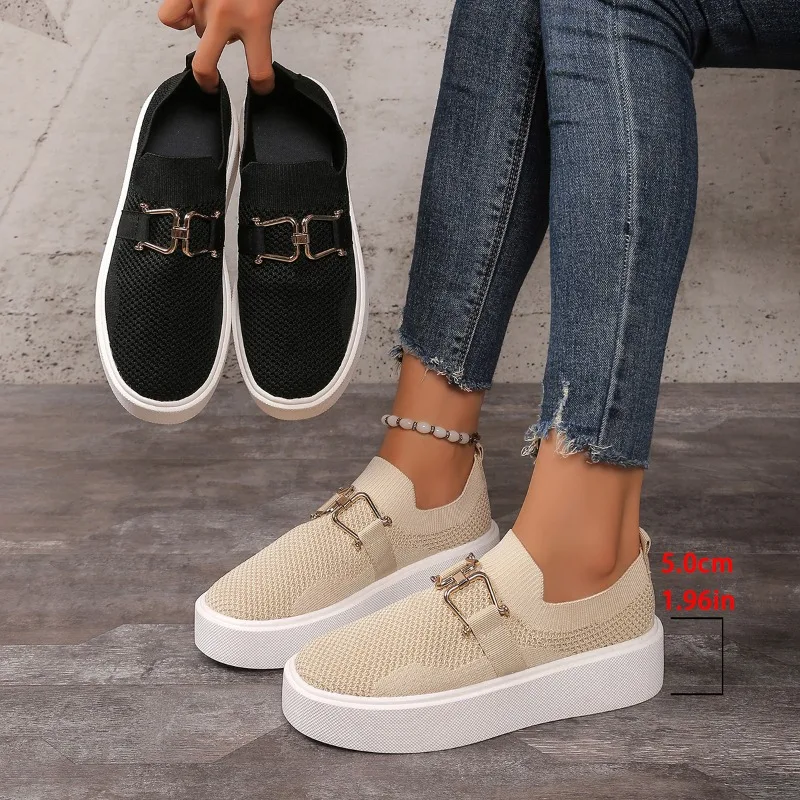 

2025 Women's Breathable Knitted Low Top Single Shoes with Metal Decoration Wish for Lazy People Comfortable Sneakers Summer Wear
