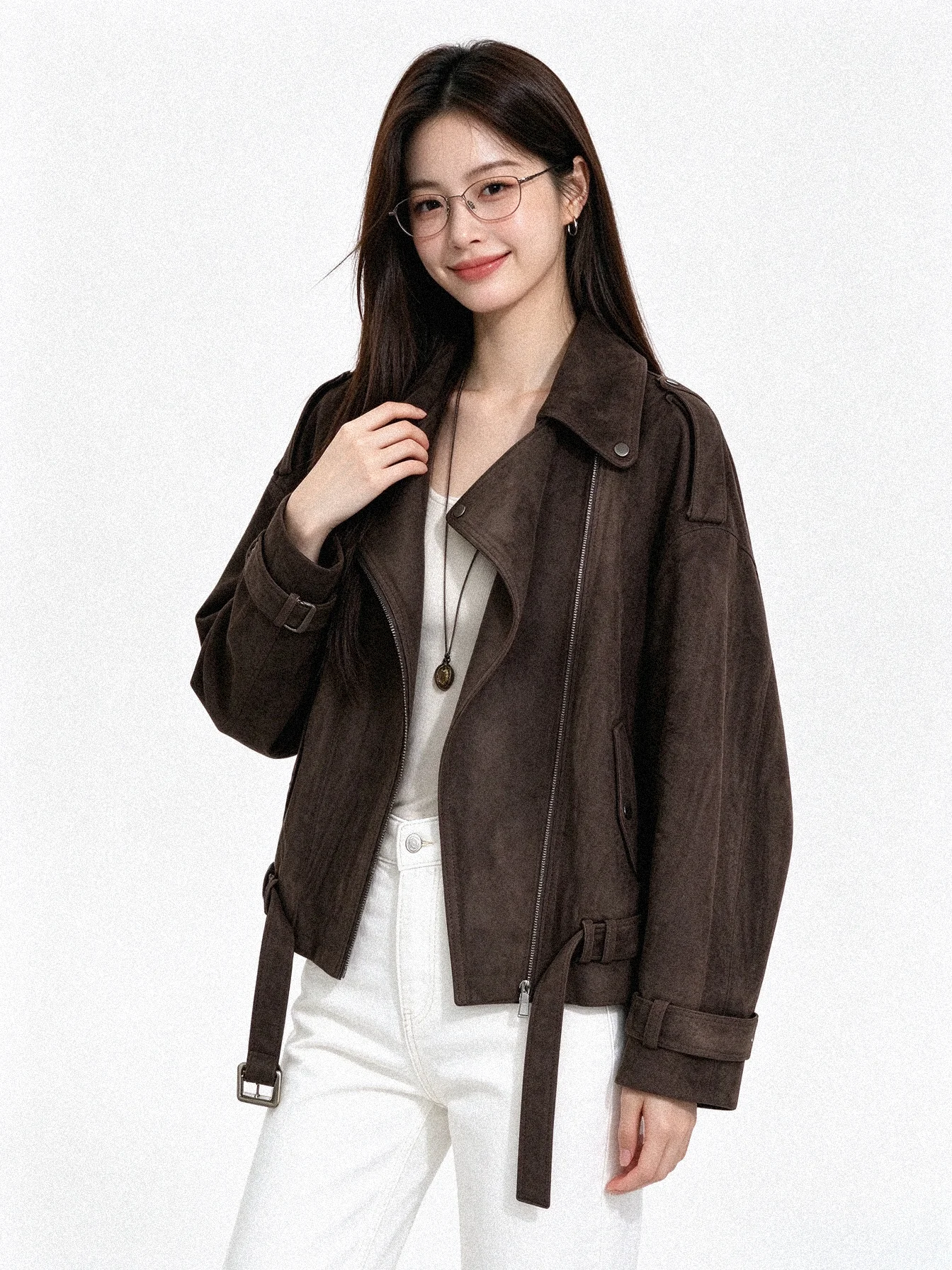 Korean Style Suede Jacket Motorcycle Short Outerwear Loose Slimming Lapel Early Autumn Versatile Women's Fashion Outerwear