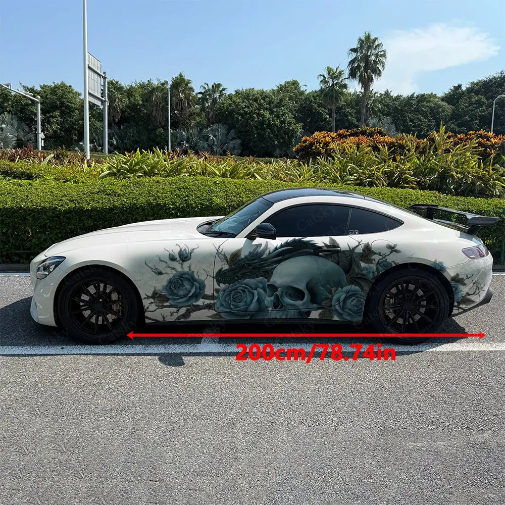 2pcs Teal Roses with Skeleton Car Side Wraps, Self-Adhesive PVC Waterproof & Scratch-Resistant Stickers, Car Accessory Gift