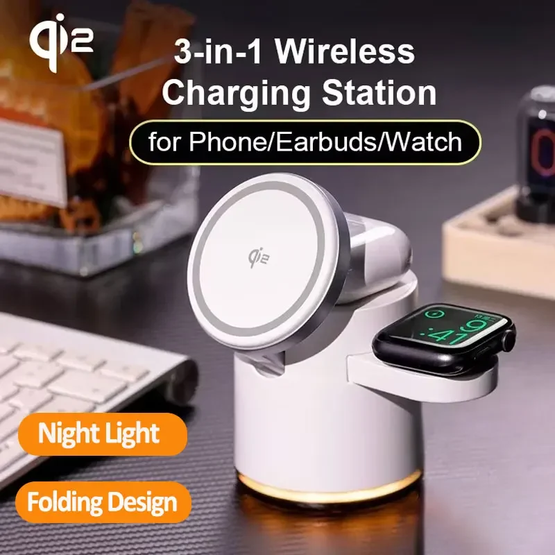 4 in 1 QI2 Wireless Charger Fast Charging Dock Stand Night Light For Magsafe iPhone 16 15 14 Pro Max Airpods Pro 2-8 Apple Watch